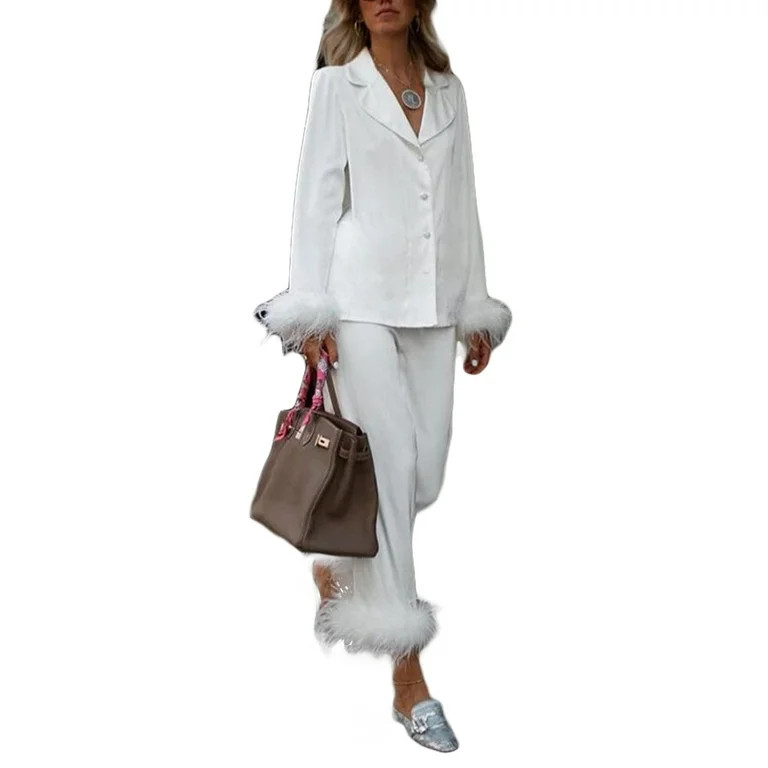 Kiapeise Women Pajamas Set Button Down Long Sleeve Sleepwear Feather Trim Nightwear Loungewear Pj... | Walmart (US)
