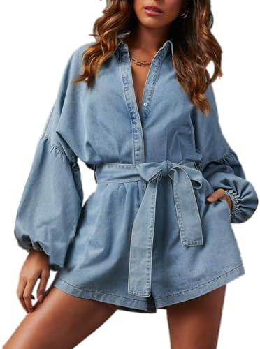 Women's Casual Denim Romper Belted Lantern Sleeve Jean Jumpsuits with Pockets | Amazon (US)
