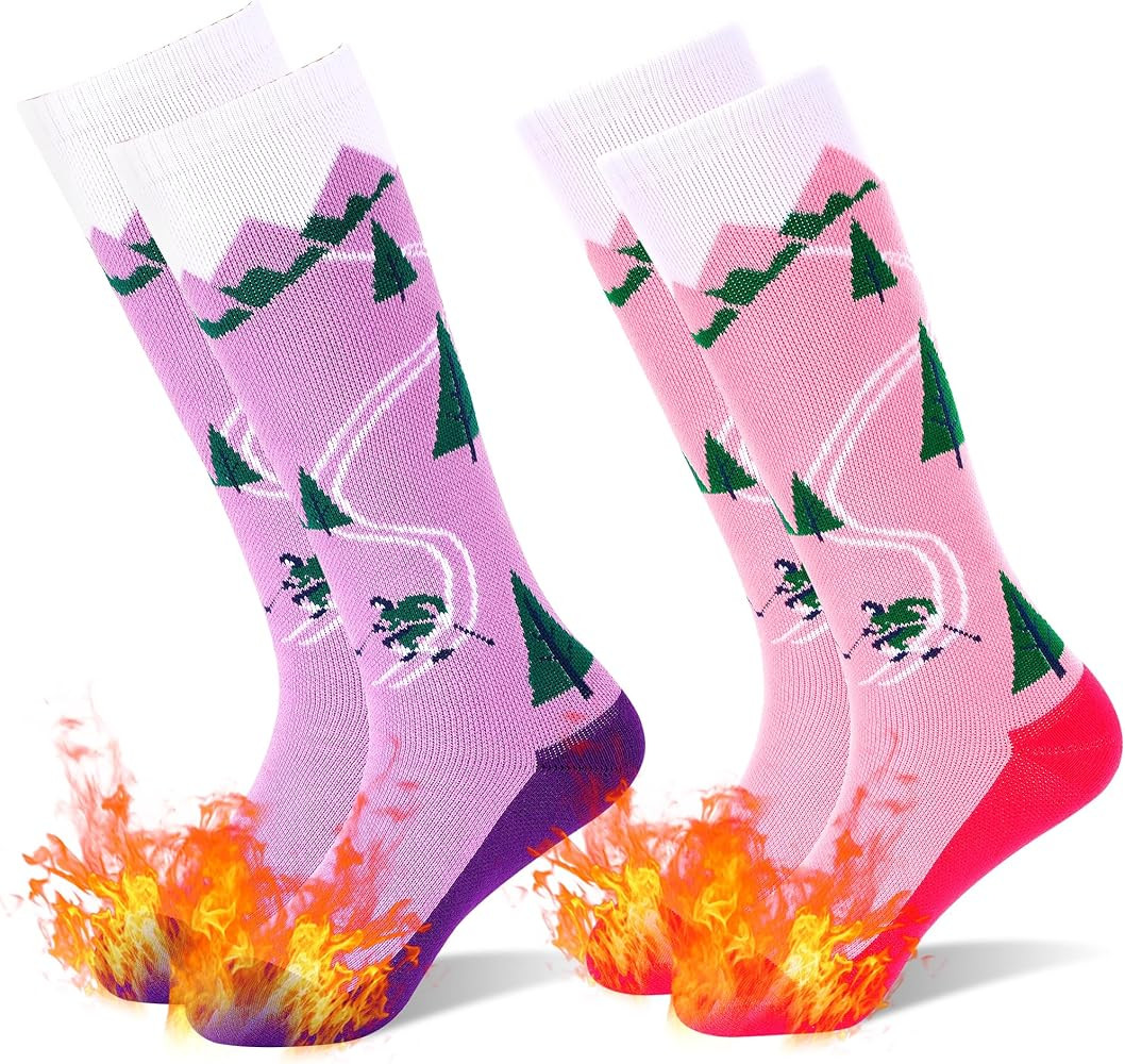 GRPSKCOS Kids Ski Socks, 2 Pairs Kids Warm Thick Snow Socks for Boys Girls Winter Skiing Snowboar... | Amazon (US)