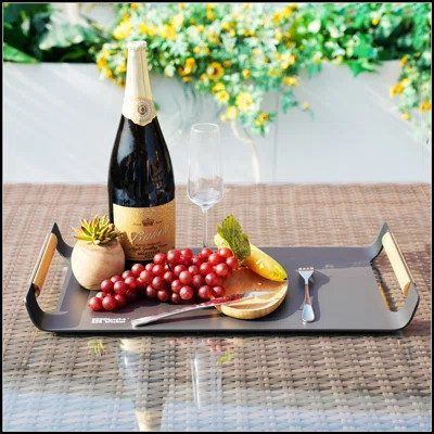 Durable Grey Powder-Coated Aluminum Outdoor Patio Tray with Teak Handle, Perfect for Serving and Entertaining | Wayfair North America