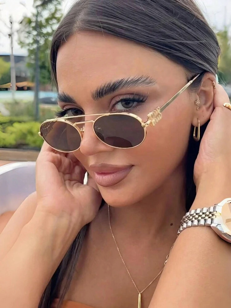 1pc Double Beam Metal Fashion Glasses Vintage Versatile Elliptical Small Frame Glasses Personaliz... | SHEIN