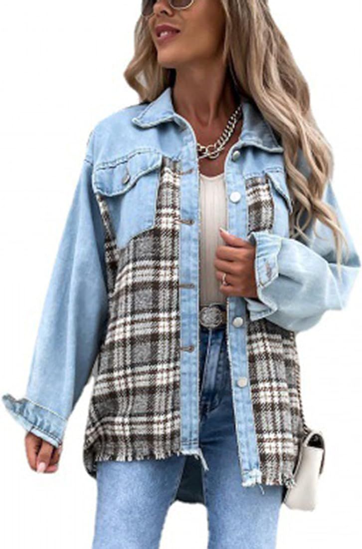PUWEI Denim Jacket for Women Fringe Long Sleeve Button Down Plaid Jean Shacket Jacket | Amazon (US)