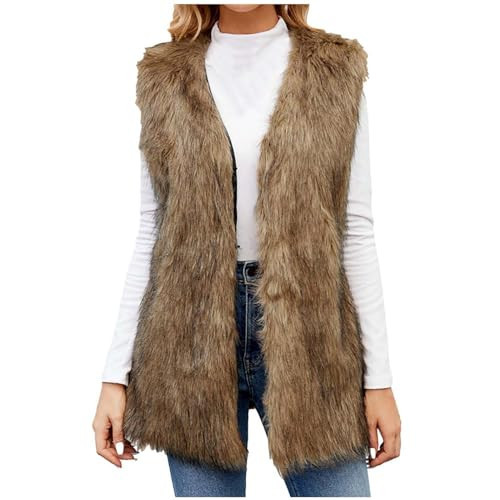 hlysgo Women's Faux Fur Vest Sleeveless Open Front Coat Fashion Fall Winter Warm Faux Fur Fuzzy Vests Outwear Brown | Amazon (US)