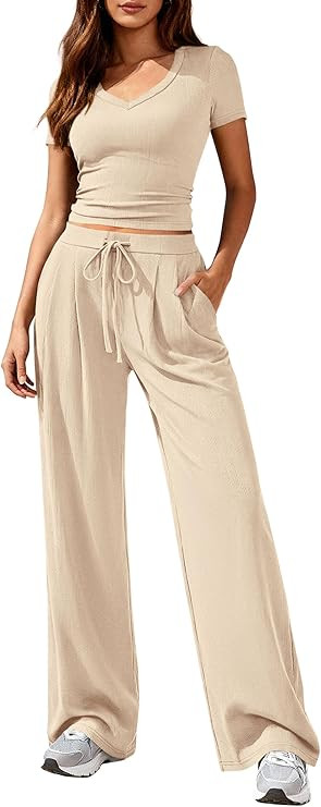 PRETTYGARDEN 2 Piece Sets for Women Summer 2026 Spring Lounge Set Matching V Neck Tops Wide Leg P... | Amazon (US)