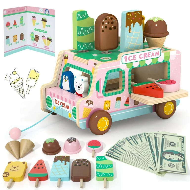 Wdmiya Ice Cream Toys for Girls, Wooden toy Ice Cream Cart, Pretend Play Toys for 1 2 3 Year Old,... | Walmart (US)