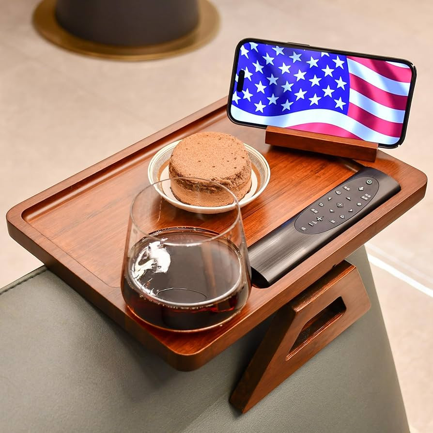Couch Arm Tray Table Clip on Sofa, Armrest Tray Table with 360° Rotating Phone Holder, Bamboo Si... | Amazon (US)