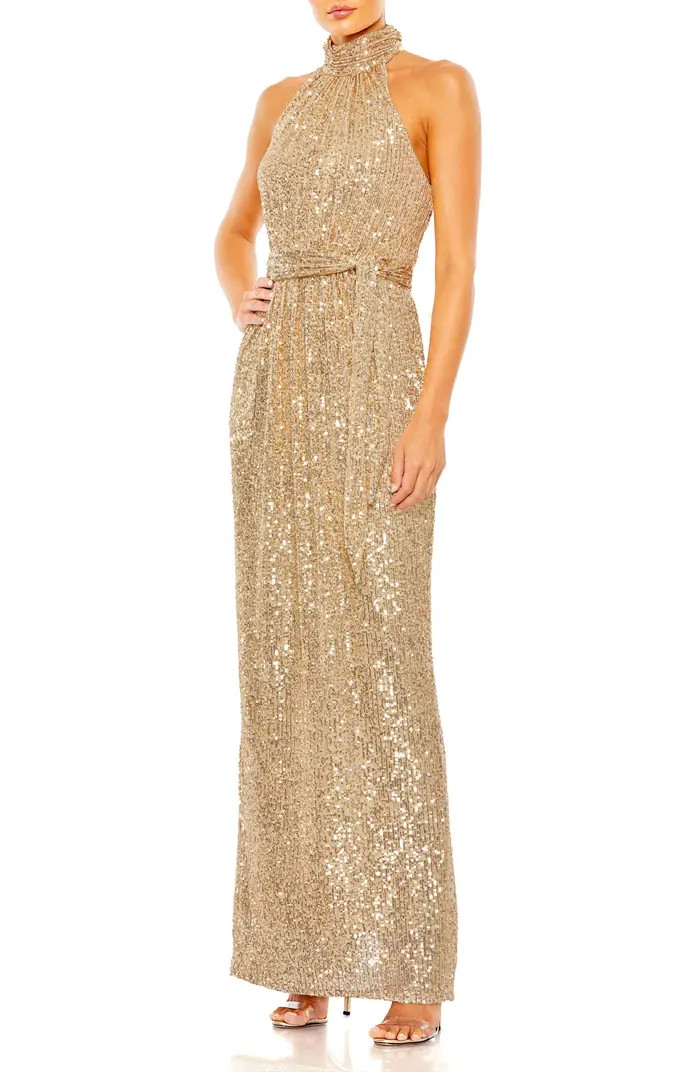 Mac Duggal Sequined Halter Neck Belted Soft Tie Dress | Nordstrom | Nordstrom