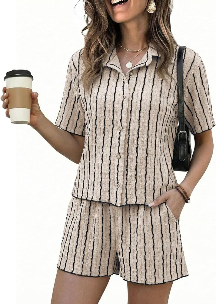 2 Piece Sets for Women Summer Knit Short Sets Striped Button Up Shirt and Shorts Lounge Casual Tr... | Amazon (US)