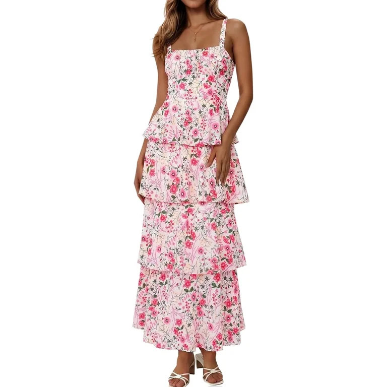 Spaghetti Strap Womens Floral Print Maxi Dresses Casual Sleeveless Ruffle Flowy Tiered Dress | Walmart (US)