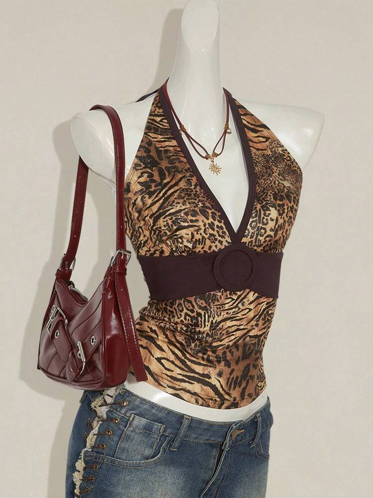 SHEIN ICON Maglietta Aderente Da Donna In Stile Retrò, Sexy, Y2K, Stile Millennials, Moda Moderna E D'avanguardia, Personalizzata, Con Stampa Leopardata E Tigrata, Collo Alto Con Laccio, Schiena Aperta, Scollo A V Profondo, Colori Giallo E Marrone | SHEIN