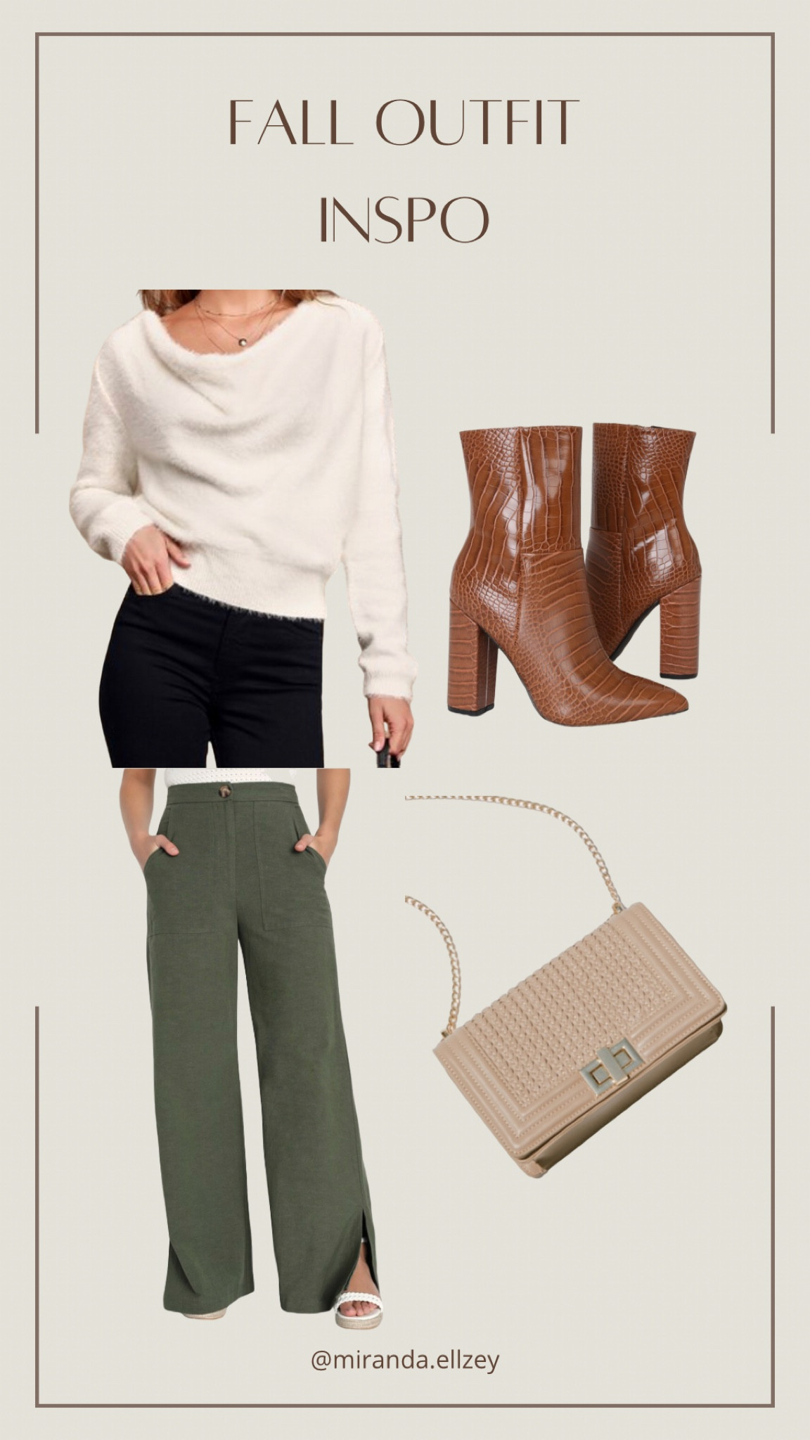 Fall Outfit: Cozy white sweater, olive green trouser pants, brown booties, and a little neutral bag

#LTKfindsunder50 #LTKSeasonal #LTKmidsize