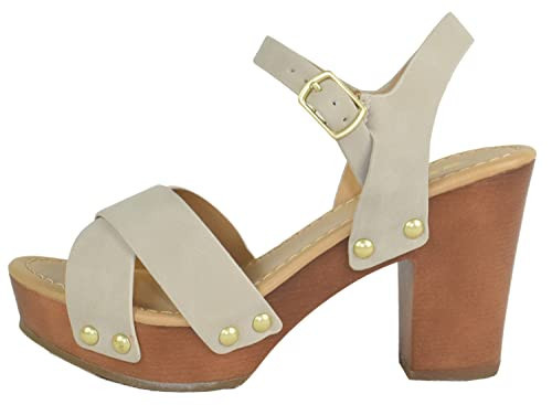 Soda MIGUEL ~ Women Crisscross Band Fashion Chunky Platform Block Mid Heel Sandal with Ankle Strap and Stud (Sand Nbpu, 7.5) | Amazon (US)
