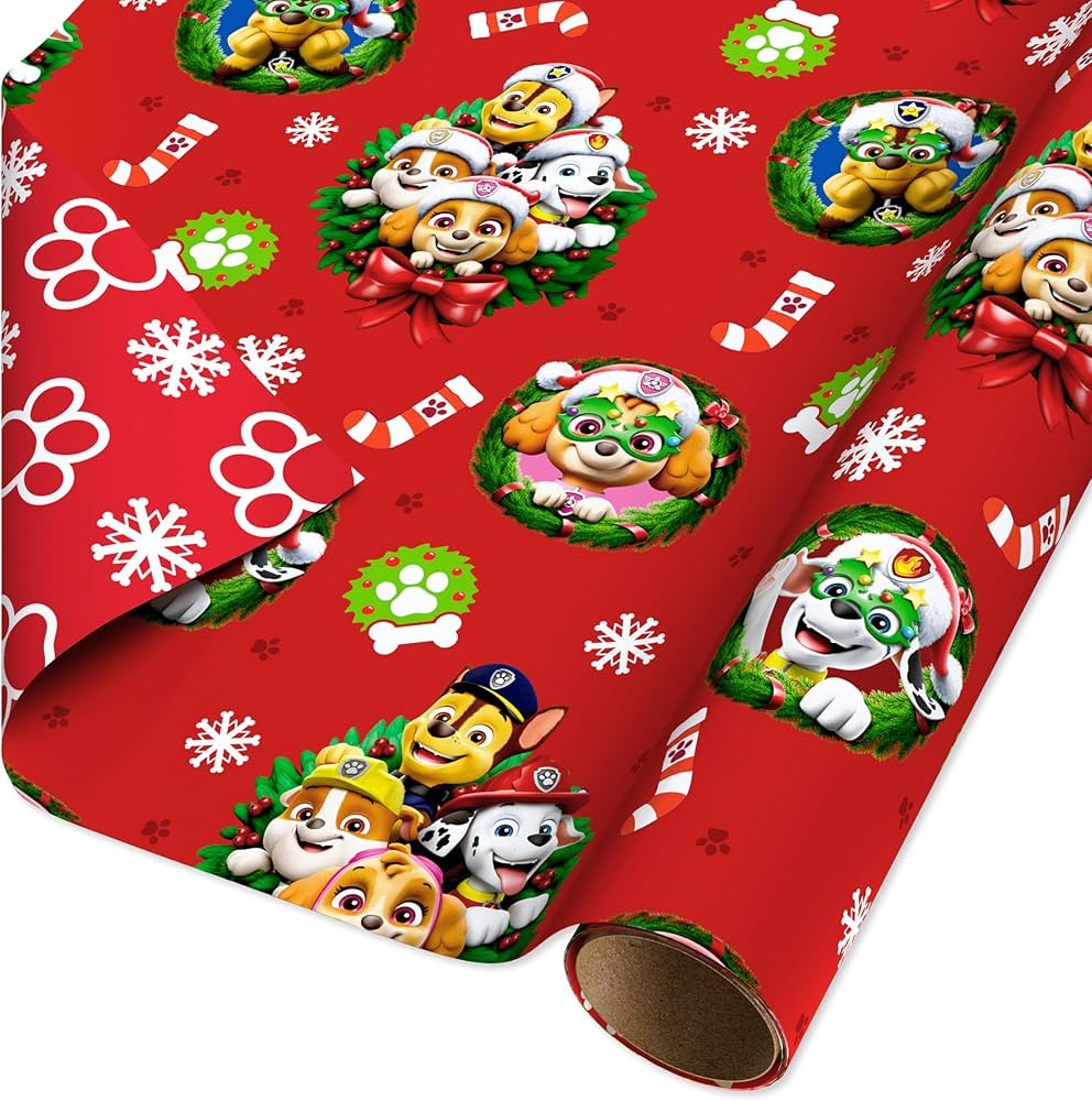 American Greetings Reversible Christmas Wrapping Paper for Kids, Paw Patrol and Paw Prints (1 Rol... | Amazon (US)