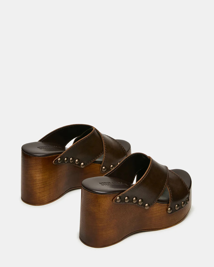 KOKO Brown Leather Mule Platform Wedge Studded Women's Sandal | Steve Madden (US)