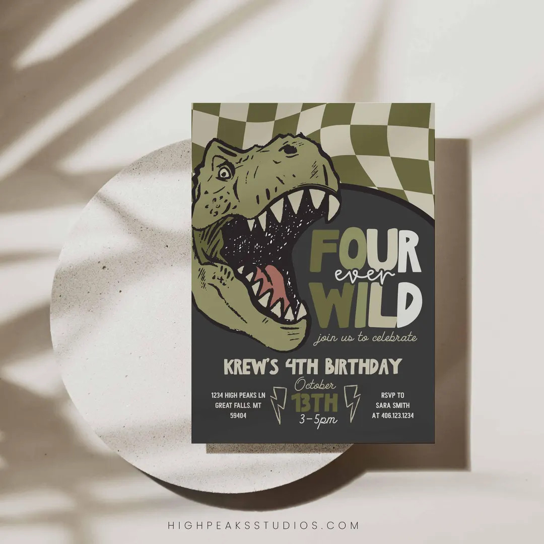 Four Ever Wild T-rex Birthday Invitation Template, Editable Fourth Birthday Retro Checkered Dinos... | Etsy (US)