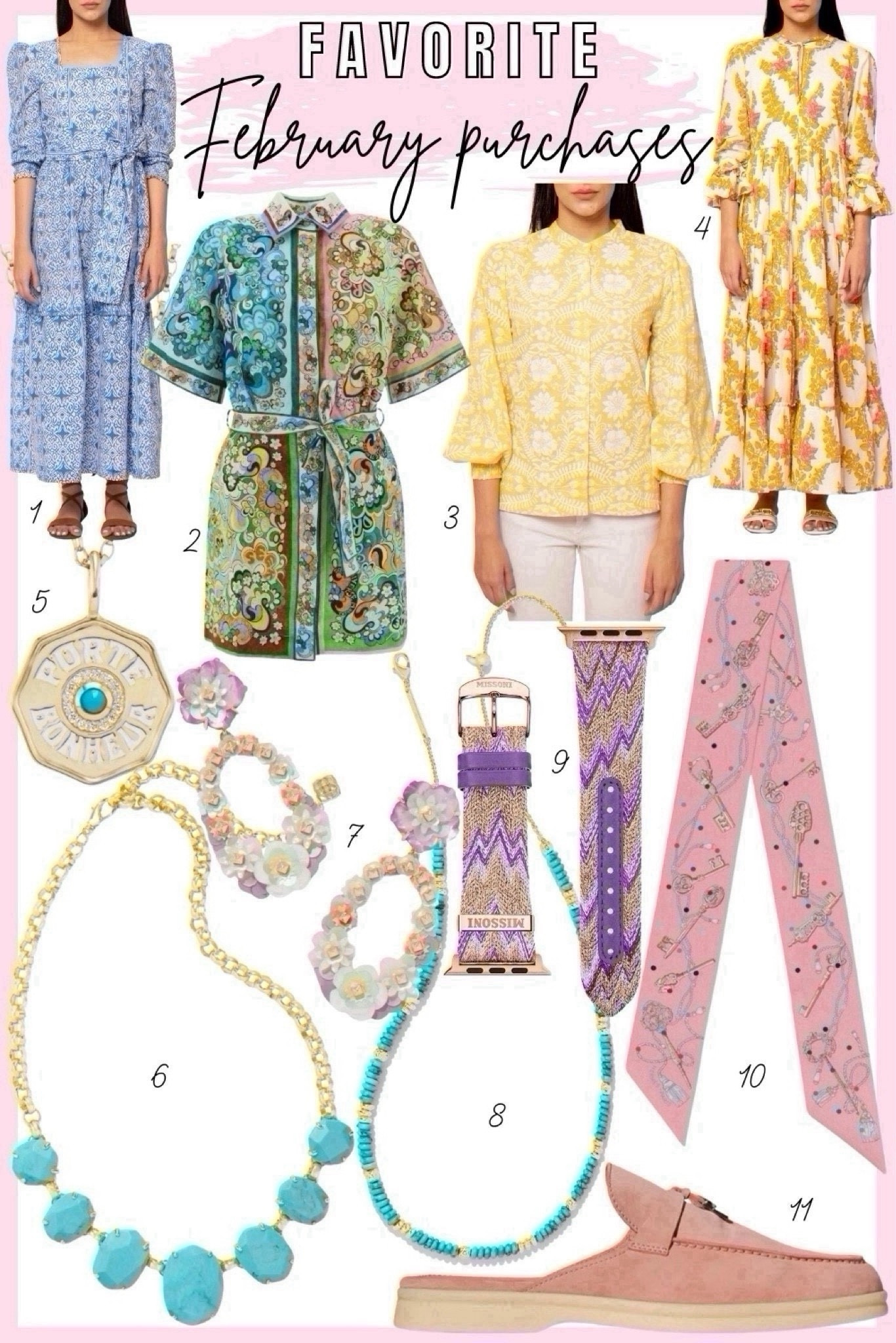 Fave buys this month - beyond by Vera dresses and top, Hermes twilly, missoni Apple Watch band, Kendra Scott jewelry, Marlo laz necklace, loafer mules  



#LTKSeasonal #LTKFindsUnder100 #LTKStyleTip