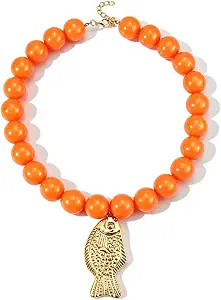 Orange Chunky Beaded Necklace Gold Fish Pendant Necklaces for Women | Adjustable Acrylic Resin La... | Amazon (US)