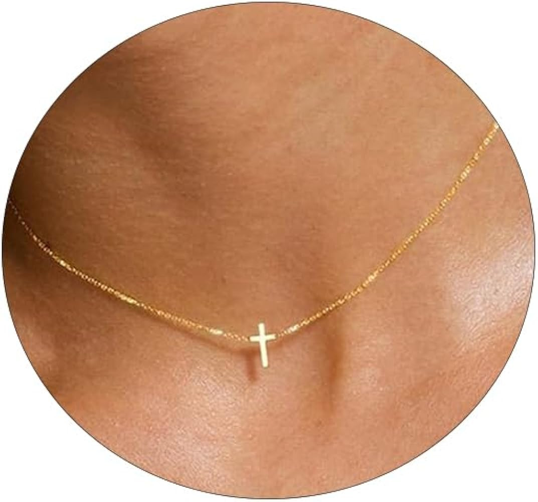 Cross Necklace for Women 14K Gold Silver Plated Sideways Cross Necklace Set Dainty Simple Silver ... | Amazon (US)