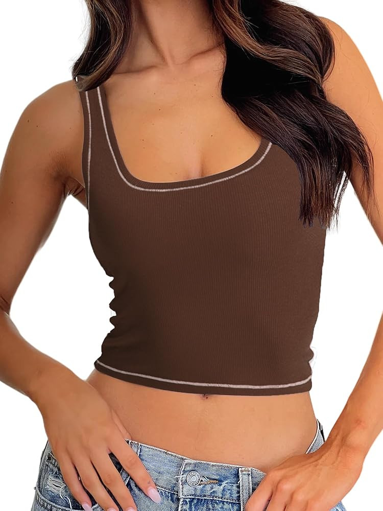 Danysu Women Rib Tank Top Padded Workout Top Square Neck Crop Tank Fitted Basic Cami Tops | Amazon (US)