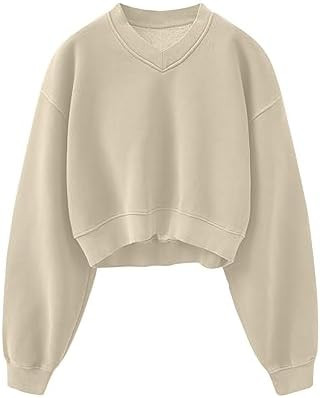 Meladyan Women Casual Cropped Sweatshirt Basic Solid Long Sleeve Fleece V Neck Loose Drop Shoulde... | Amazon (US)