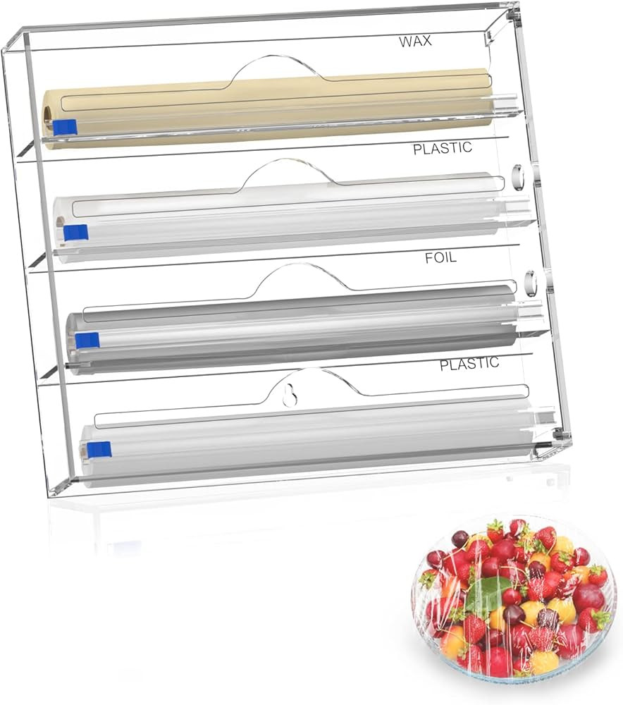 PILIPILI 4 in 1 Foil and Plastic Wrap Organizer, Acrylic Wrap Dispenser with Cutter,Roll Organizer H | Amazon (US)
