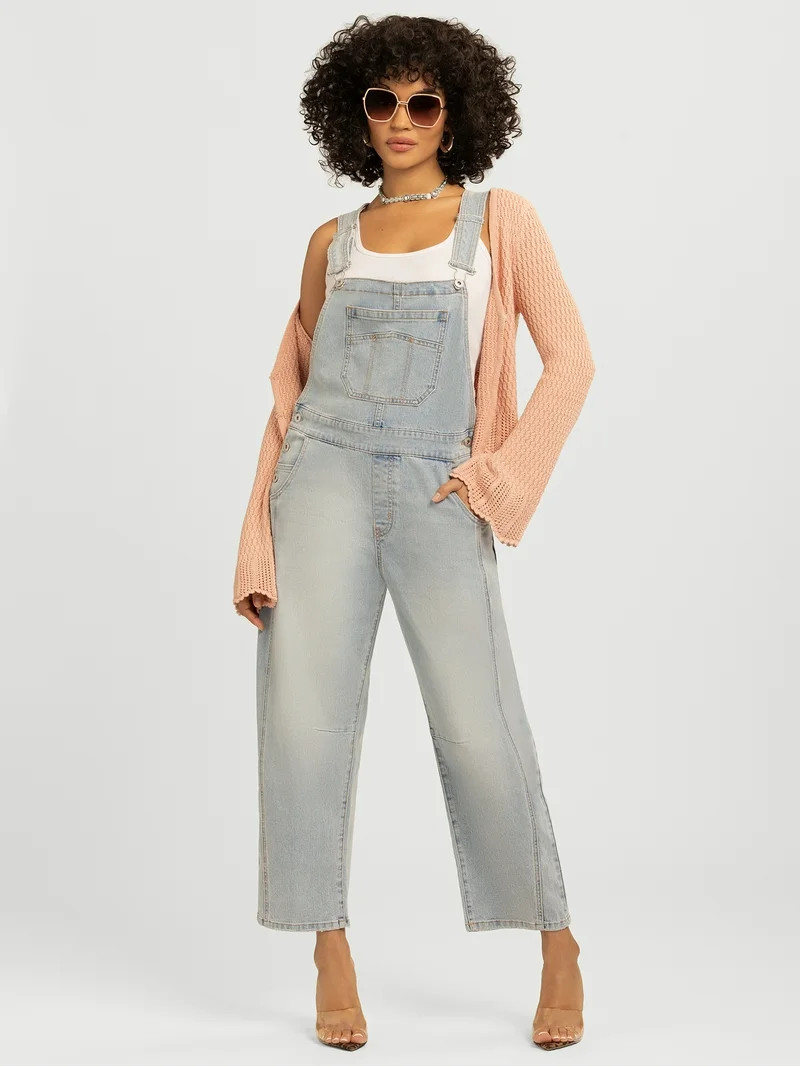 Jessica Simpson Women's Cropped Barrel Leg Denim Overalls, 26" Inseam, Size XS-XL | Walmart (US)
