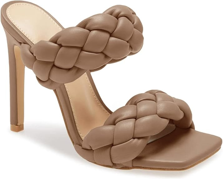 Dghaixing Women's Braided Sandals Slip On Square Open Toe Backless Stiletto Heel Slides | Amazon (US)