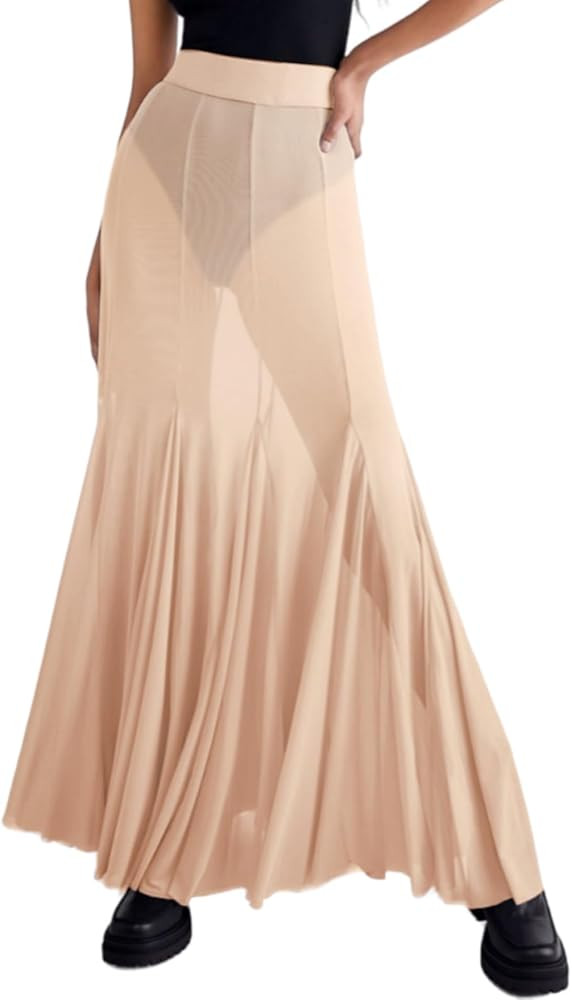 Womens Summer Maxi Skirt Mesh High Waisted Sheer Beach Swimsuit Cover Up Flowy Long Tulle Skirts | Amazon (US)