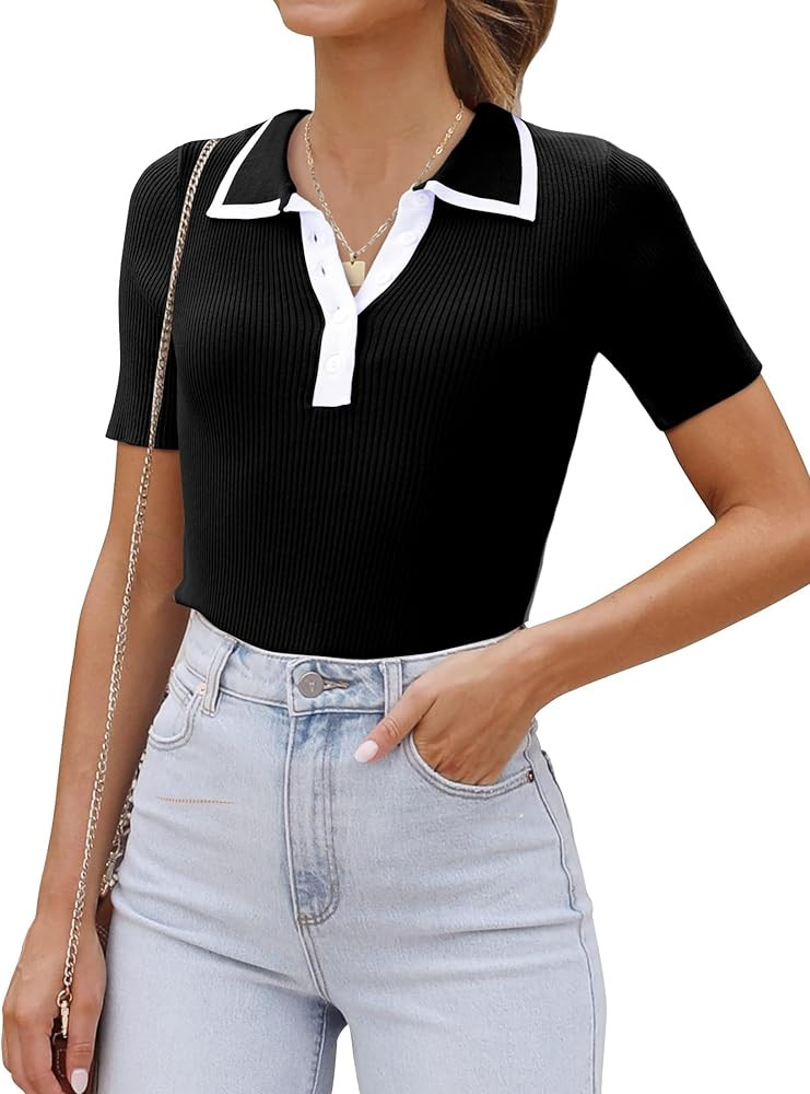 luvamia Blouses for Women Dressy Casual Knit Trendy Tops Summer Short Sleeve Color Block Button U... | Amazon (US)