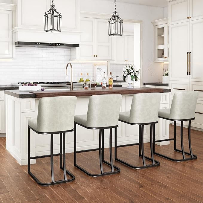 Amazon.com: PHI VILLA Light Grey Bar Stools Set of 4, Faux Leather Counter Height Chairs, Kitchen... | Amazon (US)