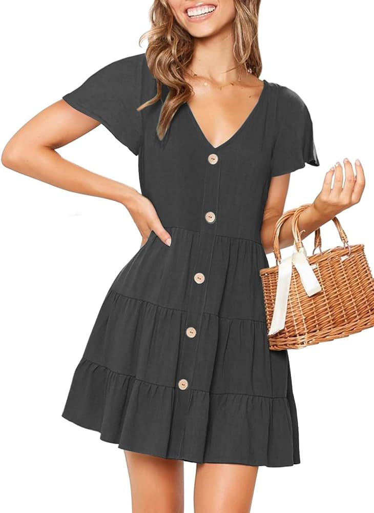 Women's Casual T-Shirt Dresses Sleeveless V Neck Button Down A Line Loose Swing Short Dress with ... | Amazon (US)