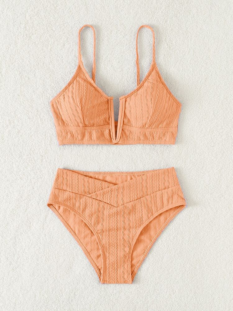 Textured V Wired Bikini Swimsuit | SHEIN