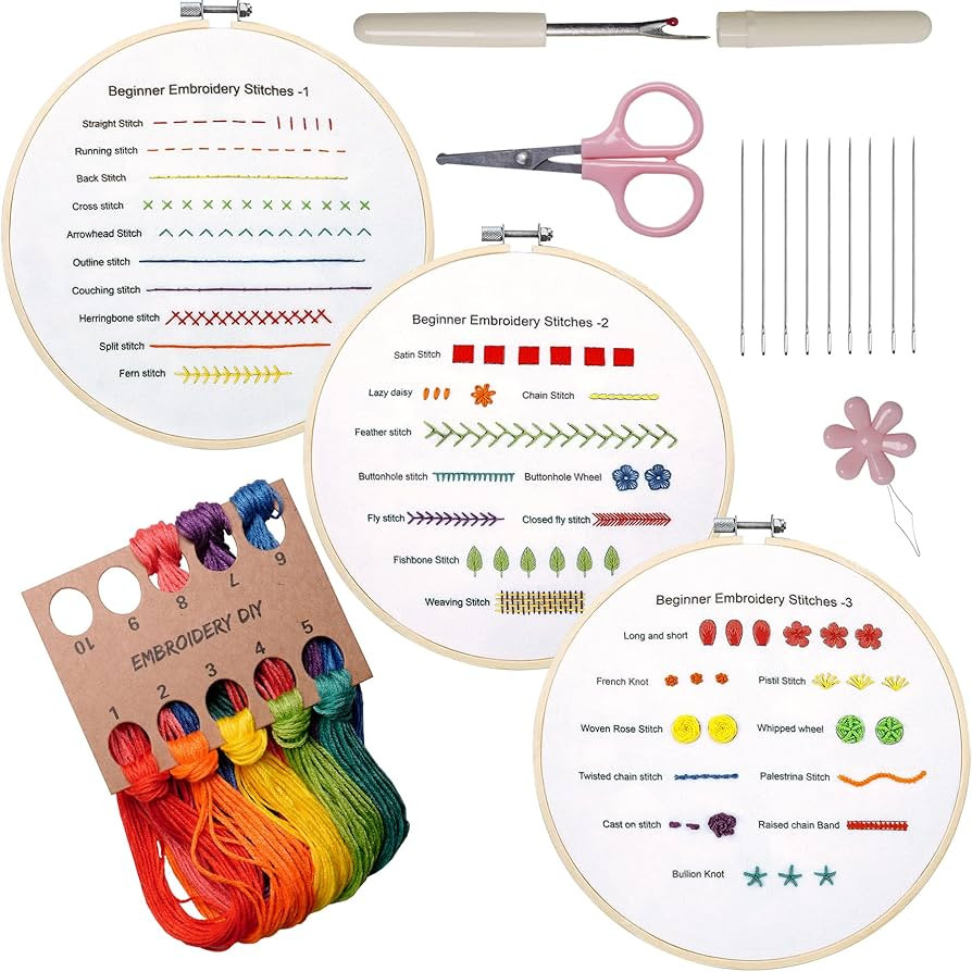 Beginners Embroidery Stitch Practice kit, 3 Sets Embroidery Kit to Learn 30 Different Stitches fo... | Amazon (US)