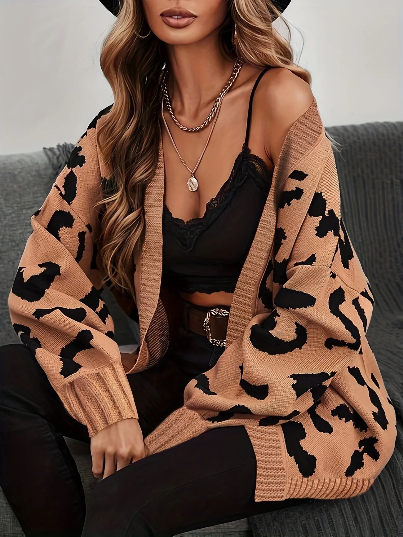 Leopard Print Knit Cardigan, Casual Open Front Long Sleeve Sweater, Women's Clothing - Temu | Temu Affiliate Program