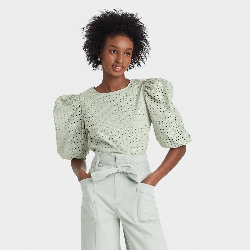Women's Short Puff Sleeve Eyelet Top - A New Day™ | Target