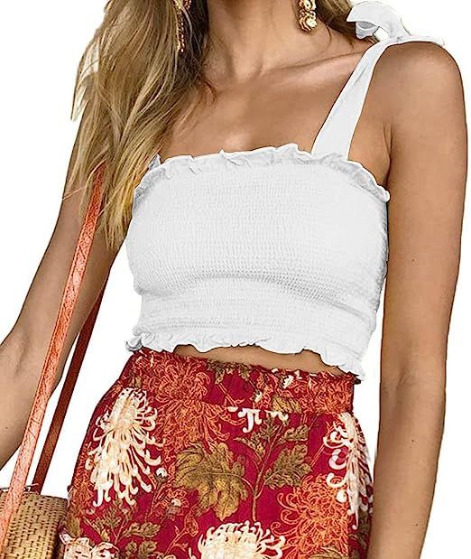 Arjungo Women's Frill Smocked Crop Tank Top Bow Tie Strap Shoulder Bandeau Stretch Tube Top | Amazon (US)