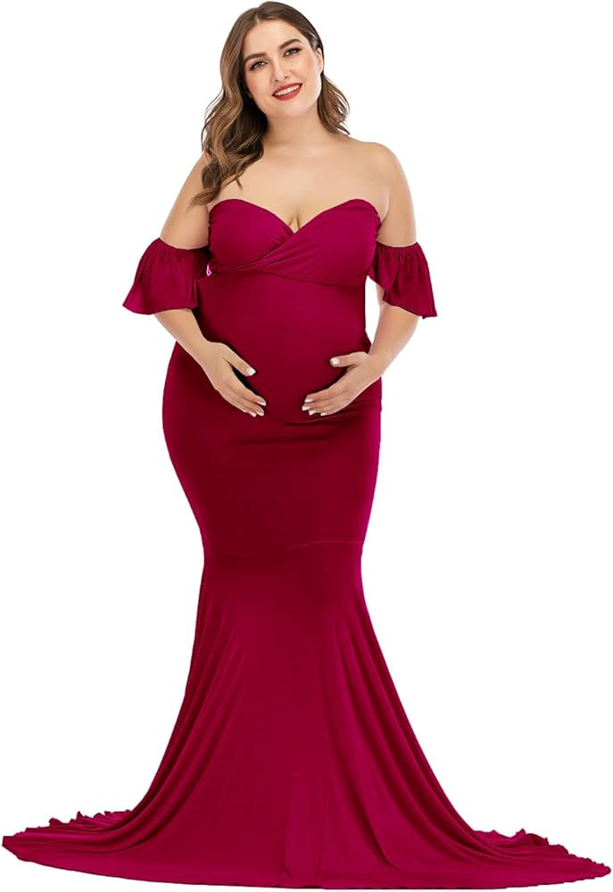 ZIUMUDY Off Shoulder Maternity Elegant Fitted Photo Shoot Gown Wraped Mermaid Baby Shower Dress | Amazon (US)