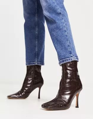NA-KD heeled ankle boots with square toe in dark brown croc | ASOS (Global)