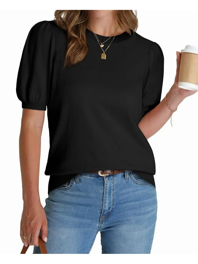 Ronuti Women's Puff Short Sleeve Sweater Tops 2026 Summer Fall Trendy Knit Crew Neck Casual T Shi... | Walmart (US)
