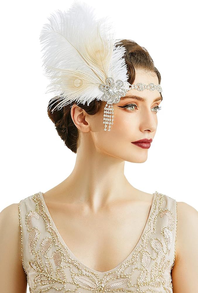 BABEYOND 1920s Flapper Feather Headband Roaring 20s Showgirl Gatsby Headpiece | Amazon (US)