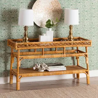 Savitri Modern Bohemian Natural Rattan 2-Tier Console Table | Bed Bath & Beyond