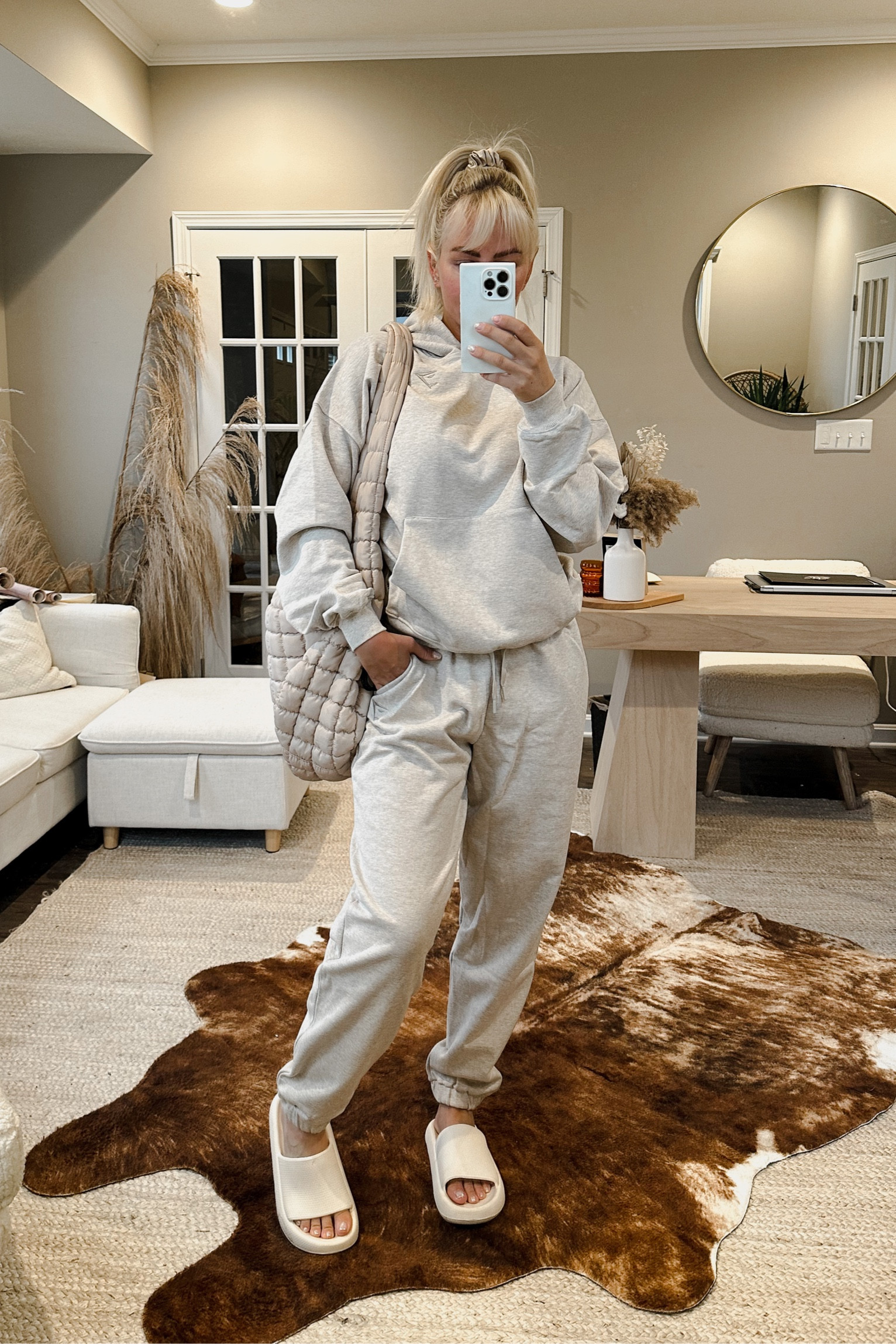 Rainy day cozy outfit ft. #Gymshark ☔️ Oversized fit, wearing S in both top & bottoms! Paired with my favorite #amazon slides and #freepeople bag! 

#LTKshoecrush #LTKstyletip #LTKfit