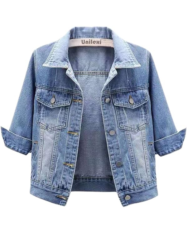 Unilexi Women's 3/4 Sleeve Colored Cropped Denim Jacket Light Wash Short Jean Jacket Trucker Coat | Amazon (US)