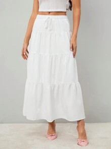 SHEIN Tall Women Solid Color High Waist Tie Ruffled Hem Maxi Skirt | SHEIN