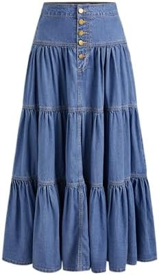 CIDER Women’s Long Jean Denim Tiered Button Down High Waisted Maxi Skirts | Amazon (US)