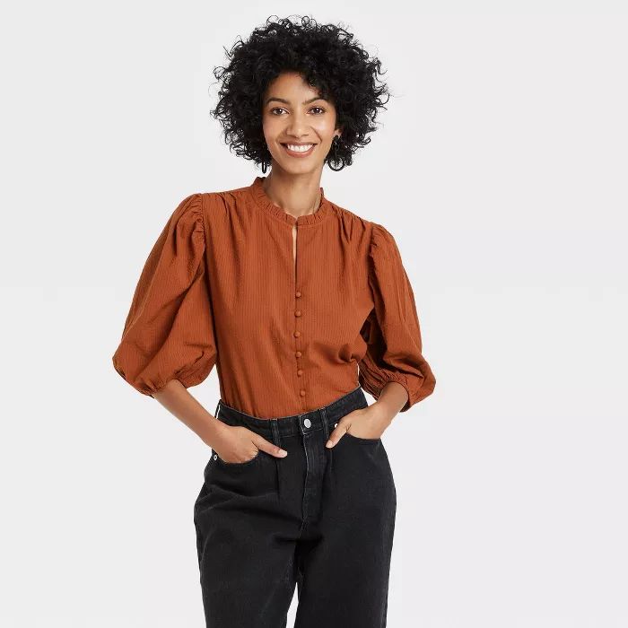 Women's Puff Short Sleeve Button-Up Blouse - A New Day™ | Target