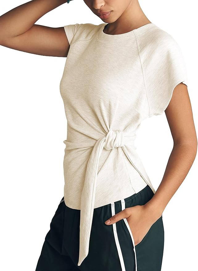 Women's Tie Belt Short Sleeve Pullover Summer Slim Fit Daily Casual Top Soft Stretch Activewear G... | Amazon (US)