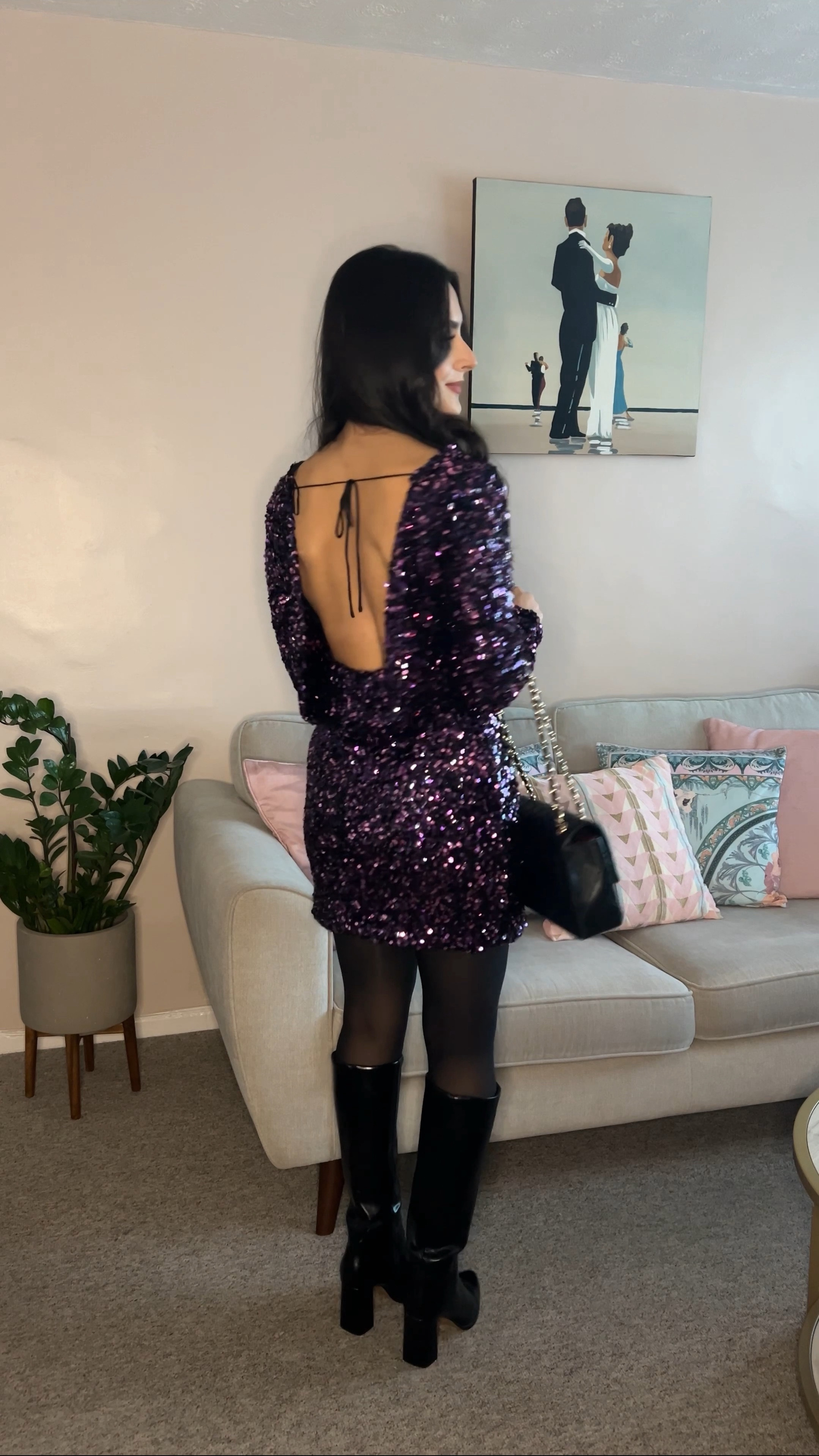 sparkle dress, sequin dress, mini dress, occasion wear, party wear, party outfit, Christmas outfit, festive outfit, festive dress, Christmas dress, party dress, purple dress, knee high boots, black boots, Chanel classic, festive wear, Christmas party dress, classic outfit, evening outfit 

#LTKparties #LTKHoliday #LTKstyletip