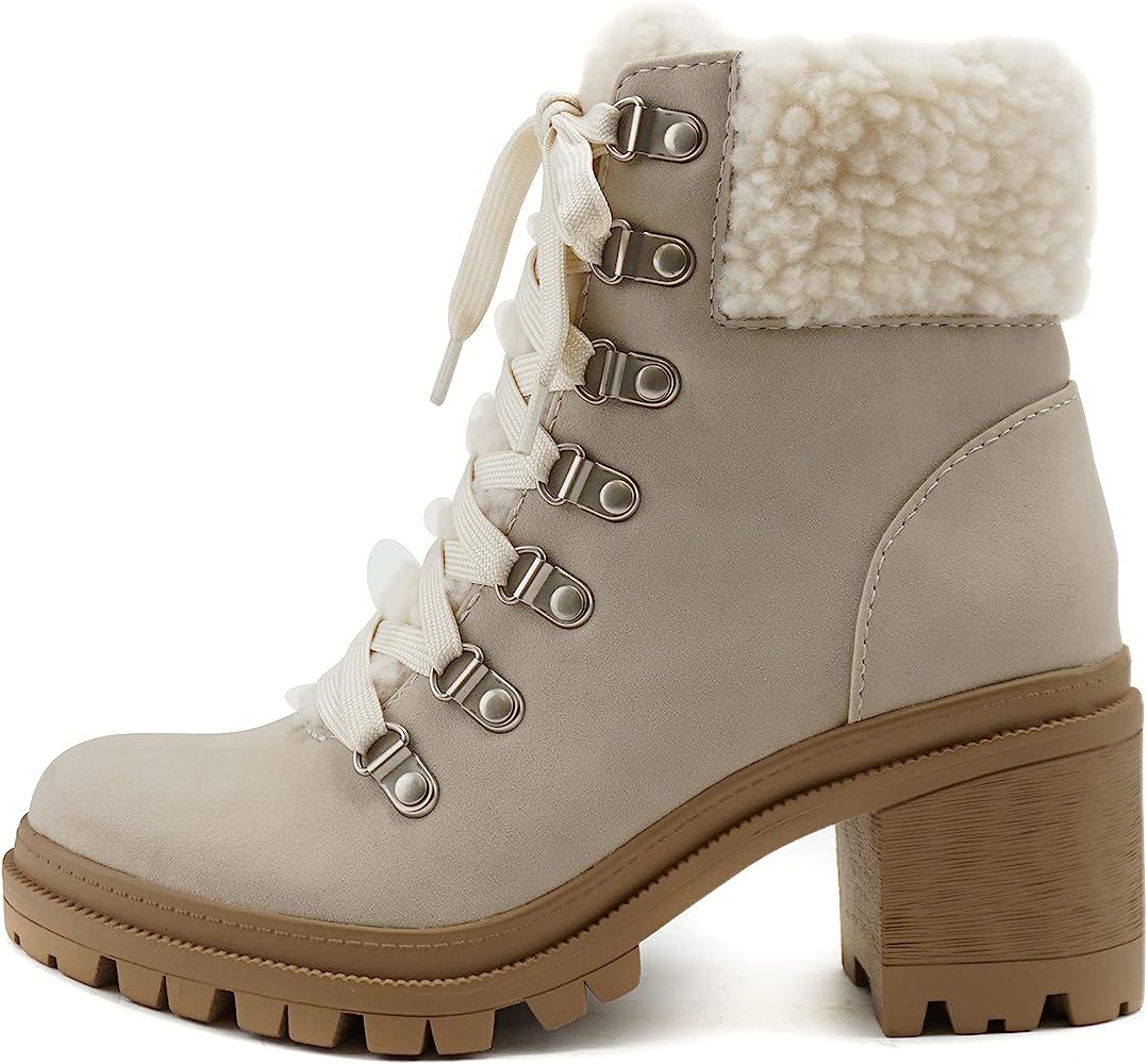 SODA KEYNOTE ~ Women Chunky Lug Sole Faux Fur D-Ring Lace-up Fashion Combat Ankle Boot w/Side Zip... | Amazon (US)