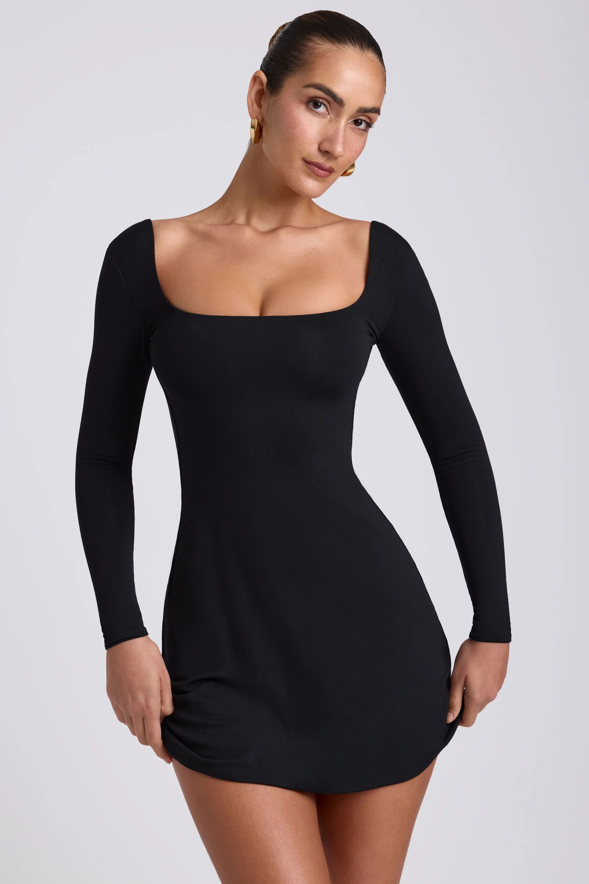 Modal Square Neck Long Sleeve Mini Dress in Black | Oh Polly